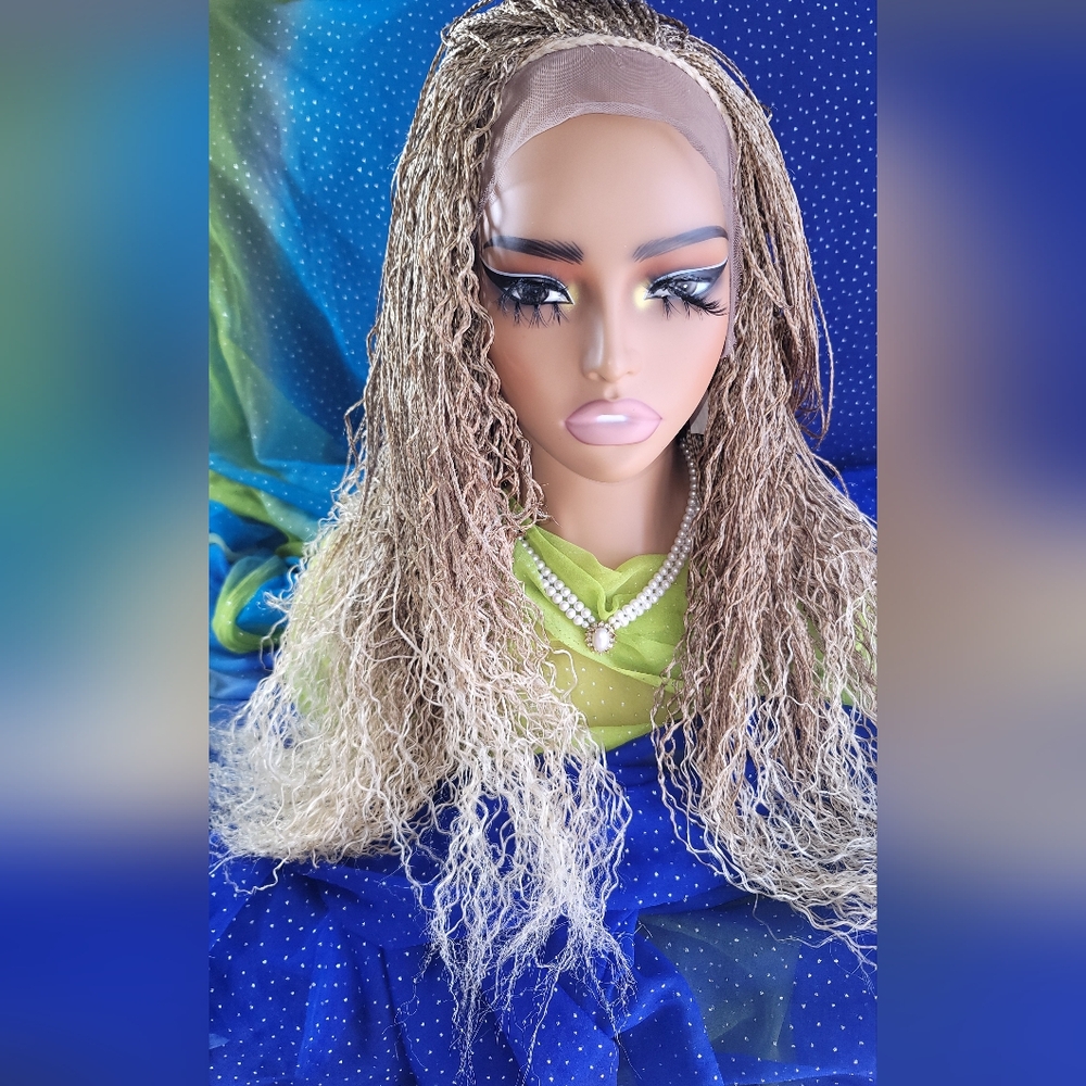 Micro Braided Wig boho | Blonde 613/27 Ombre | Long 22" | Curly Ends Full Lace โจ - Picture 12 of 15